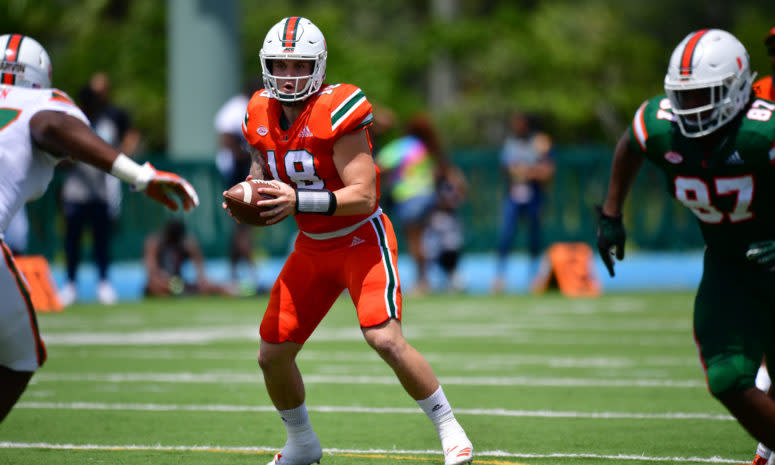 Tate Martell performs drills for Miami during Spring Game.