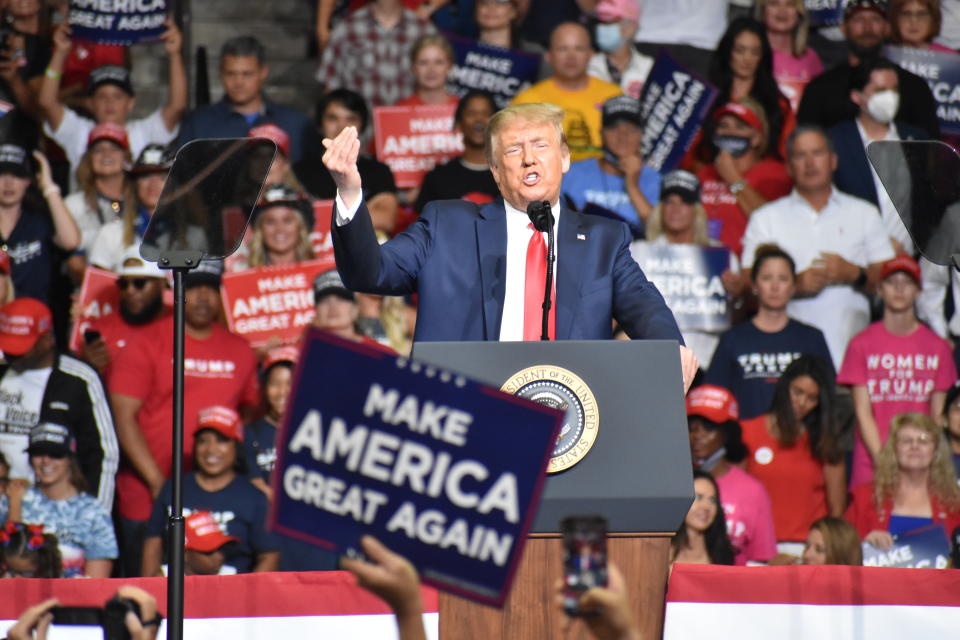 TULSA, USA - JUNE 20:  U.S. President Donald Trump meet his supporters at his ''Make America Great Again'' rally in Tulsa, Oklahoma, United States on June 20, 2020. (Photo by Kyle Mazza/Anadolu Agency via Getty Images)