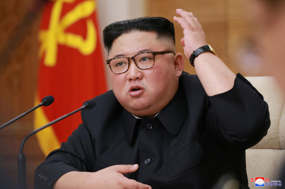 Kim Jong-un addresses the Political Bureau of the Central Committee of the ruling Workers' Party of Korea in Pyongyang in April. US and South Korean officials claim North Korea ordered Kim Jong-nam's execution, a claim the rogue nation has denied. Source: AAP