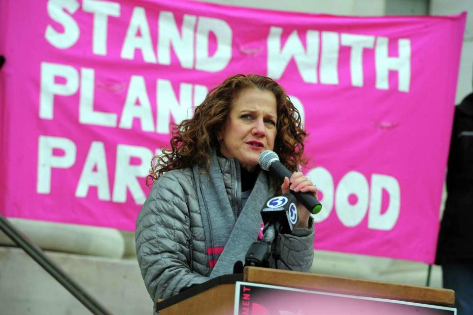 Amanda Skinner, CEO of Planned Parenthood of Southern New England in Rhode Island and Connecticut, speaks at a rally.