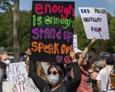 In a Saturday, June 6, 2020 photo, several hundred people came out to Vidor's Gould Park for a protest and peace march in honor of George Floyd, who died while being detained by Minneapolis police. (Fran Ruchalski/The Beaumont Enterprise via AP)