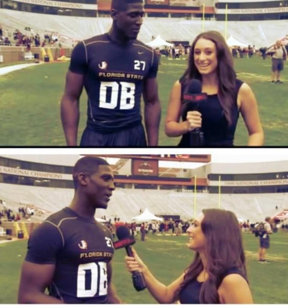 New ACC Network host Taylor Tannebaum interviews former Florida State cornerback Xavier Rhodes during the team's Pro Day in 2013.