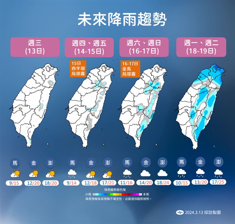 下周一冷空氣再報到！北台灣、東半部溫度明顯下降、降雨機率提高。（圖／中央氣象署）