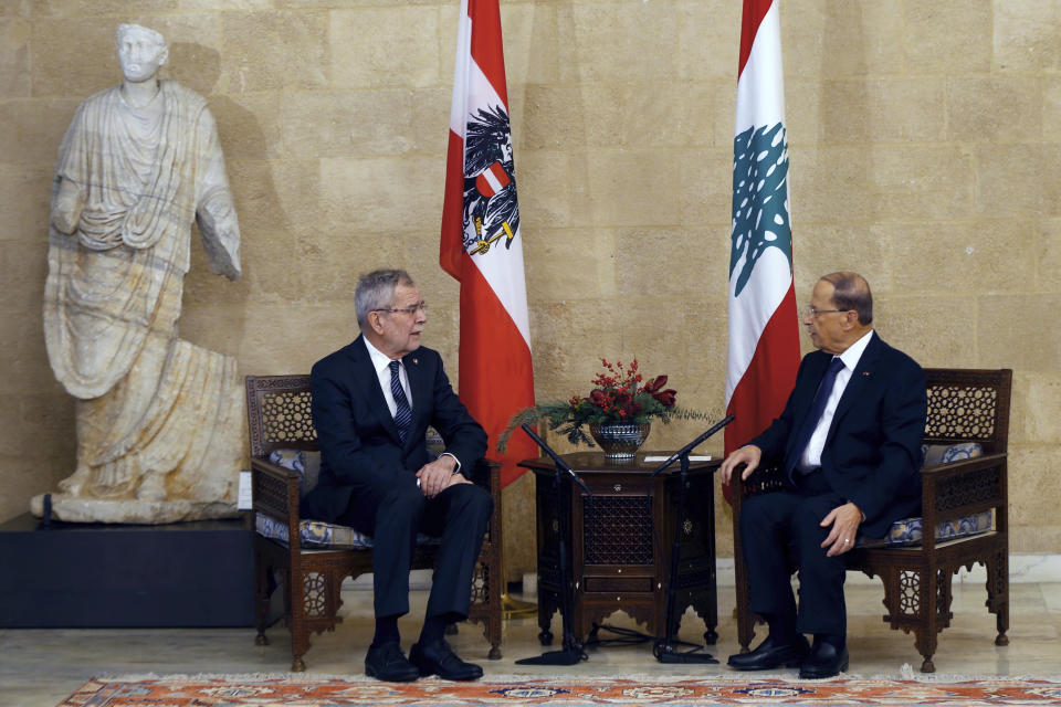 Lebanese President Michel Aoun, right, meets with his Austrian counterpart Alexander Van Der Bellen, at the Presidential Palace in Baabda, east of Beirut, Lebanon, Tuesday, Dec. 11, 2018. (AP Photo/Bilal Hussein)