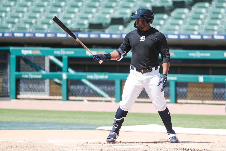 Detroit Tigers outfielder Christin Stewart bats during summer camp at Comerica Park in Detroit, Tuesday, July 7, 2020.
