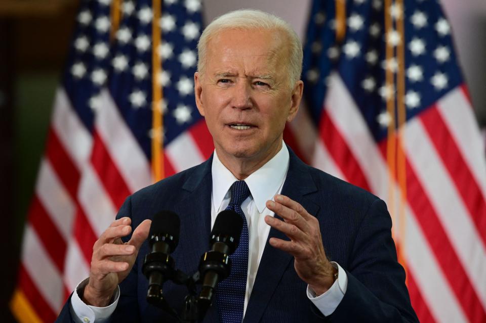 US President Joe Biden speaks in Pittsburgh, Pennsylvania, on March 31, 2021. - President Biden will unveil in Pittsburgh a USD 2 trillion infrastructure plan aimed at modernizing the United States' crumbling transport network, creating millions of jobs and enabling the country to 