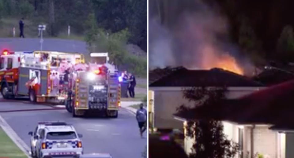 Police and firefighters at the home in New Beith engulfed in flames. 