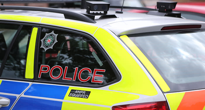 A Police Service of Northern Ireland (PSNI) patrol car equipped with Automatic Number Plate Recognition (ANPR) cameras in Belfast.