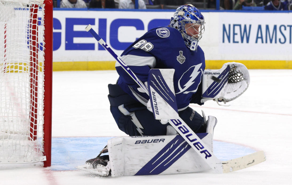 TAMPA, FLORIDA - JULY 07: Goaltender Andrei Vasilevskiy #88 of the Tampa Bay Lightning makes a save during the second period of Game Four of the 2021 Stanley Cup Final Montreal Canadiens at Bell Centre on July 05, 2021 in Montreal, Quebec. (Photo by Dave Sandford/NHLI via Getty Images)