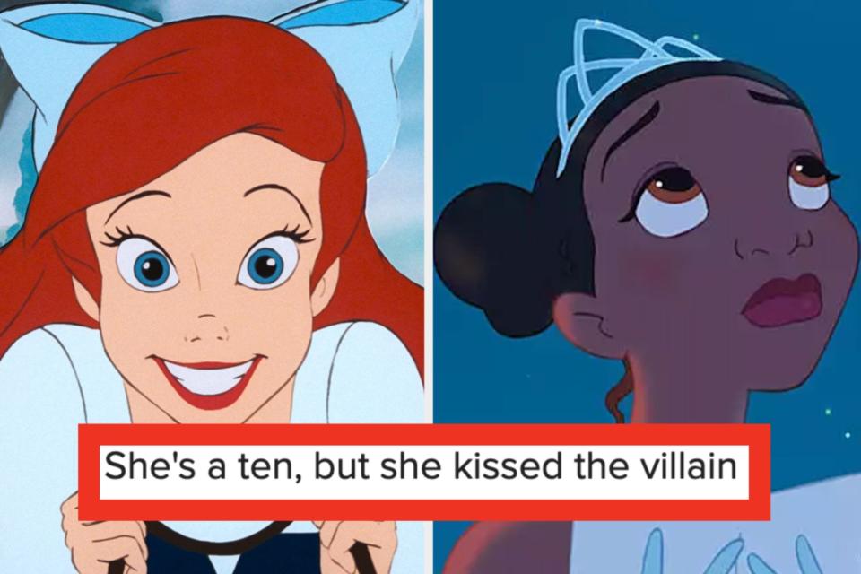 Two images: on the left, an image of Ariel and on the right, an image of Tiana. On top of both images, the text "She's a ten, but she kissed the villain" is overlayed.