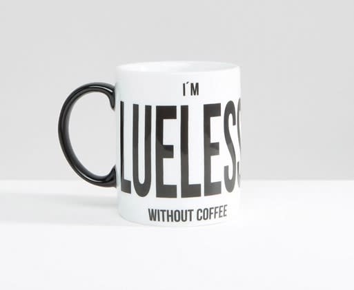 <p>The ultimate office companion for those who hate mornings. <a rel="nofollow noopener" href="http://www.asos.com/monki/monki-clueless-ceramic-mug/prd/7298157?iid=7298157&clr=White&SearchQuery=&cid=6992&pgesize=204&pge=0&totalstyles=610&gridsize=3&gridrow=45&gridcolumn=3" target="_blank" data-ylk="slk:ASOS, £5;elm:context_link;itc:0;sec:content-canvas" class="link "><i>ASOS, £5</i></a> </p>