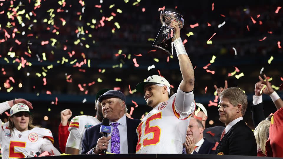 Mahomes hoists the Vince Lombardi Trophy after defeating the Philadelphia Eagles in Super Bowl LVII. - Gregory Shamus/Getty Images