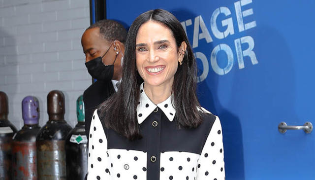 Jennifer Connelly Upgrades Polka Dot Shirt Dress With Block Heel Boots for  'Good Morning America