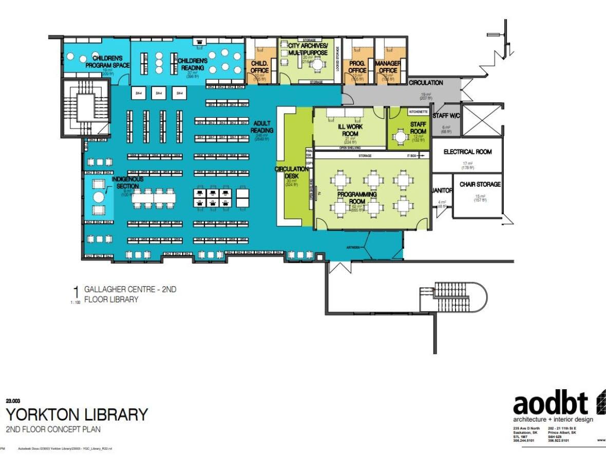 A document posted on the City of Yorkton's website that shows a concept plan for locating the Yorkton library to the second floor of the Gallagher Centre.  (City of Yorkton - image credit)