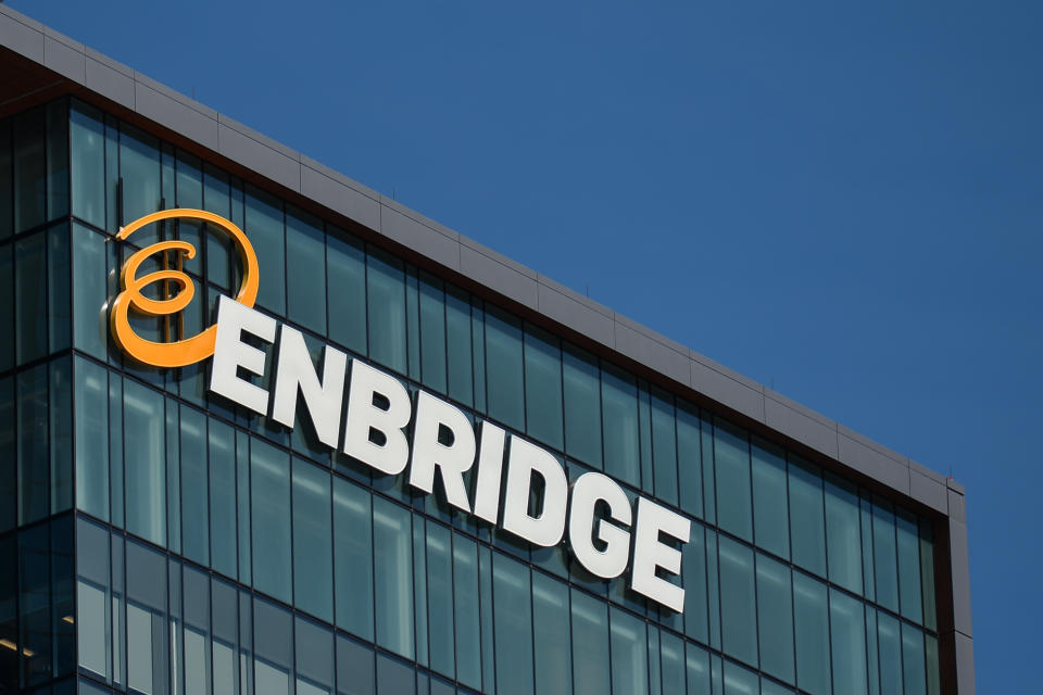 Logo of Enbridge Inc. a multinational pipeline company headquartered in Calgary, Alberta. It focuses on the transportation of crude oil and natural gas, primarily in North America.
On Monday, 9 August 2021, in Edmonton, Alberta, Canada. (Photo by Artur Widak/NurPhoto via Getty Images)