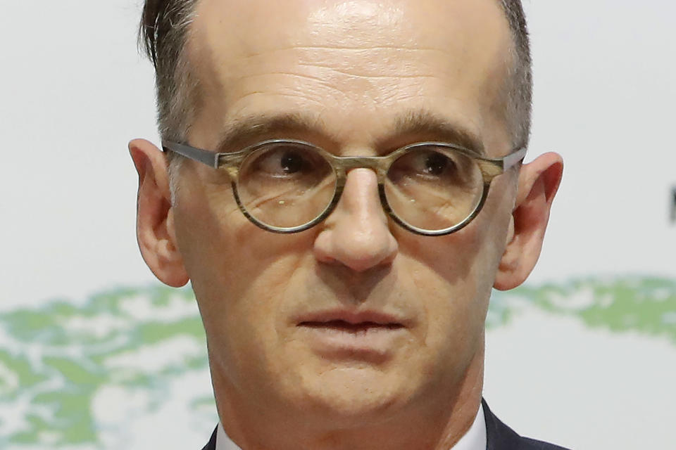 German Foreign Minister Heiko Maas talks during a press conference with his Cyprus' counterpart Nicos Christodoulides at the foreign ministry house in divided Nicosia, Cyprus, Tuesday, Oct. 13, 2020. Maas is in Cyprus for a one-day visit. (AP Photo/Petros Karadjias)