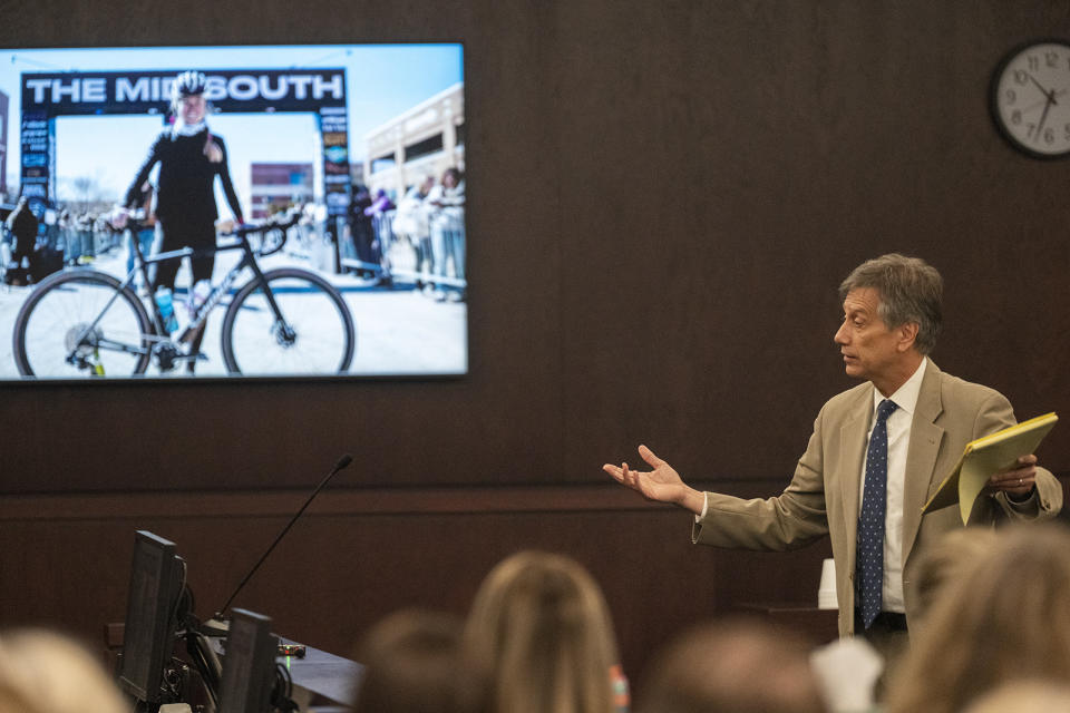 State attorney Guillermo Gonzalez addresses the jury during the sentencing portion of Kaitlin Armstrong's murder trial at the Blackwell-Thurman Criminal Justice Center on Friday, Nov. 17, 2023 in Austin, Texas. Prosecutors are seeking a prison sentence of at least 40 years for Armstrong convicted of murder in the shooting death of rising professional cyclist Anna Moriah Wilson. (Mikala Compton/Austin American-Statesman via AP, Pool)