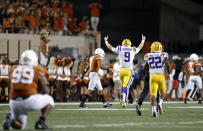 LSU Tigers quarterback Joe Burrow #9 celebrates a touchdown against the Texas Longhorns, Saturday Sept. 7, 2019 at Darrell K Royal-Texas Memorial Stadium in Austin, Tx. LSU won 45-38. ( Photo by Edward A. Ornelas )