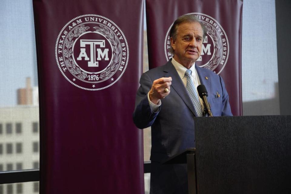 Texas A&M Chancellor John Sharpe speaking at an event in Fort Worth on Thursday, May 19, 2022 Harrison Mantas/hmantas@star-telegram.com