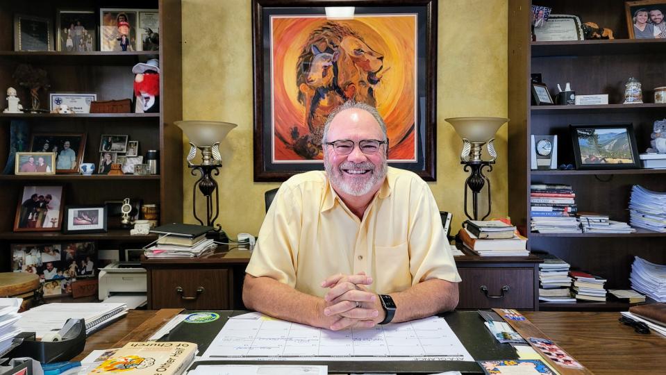 Scott Beard in his office. Beard, pastor of Fountaingate Fellowship, has been a key player in getting a "sanctuary city for the unborn" ordinance before Abilene voters in November.