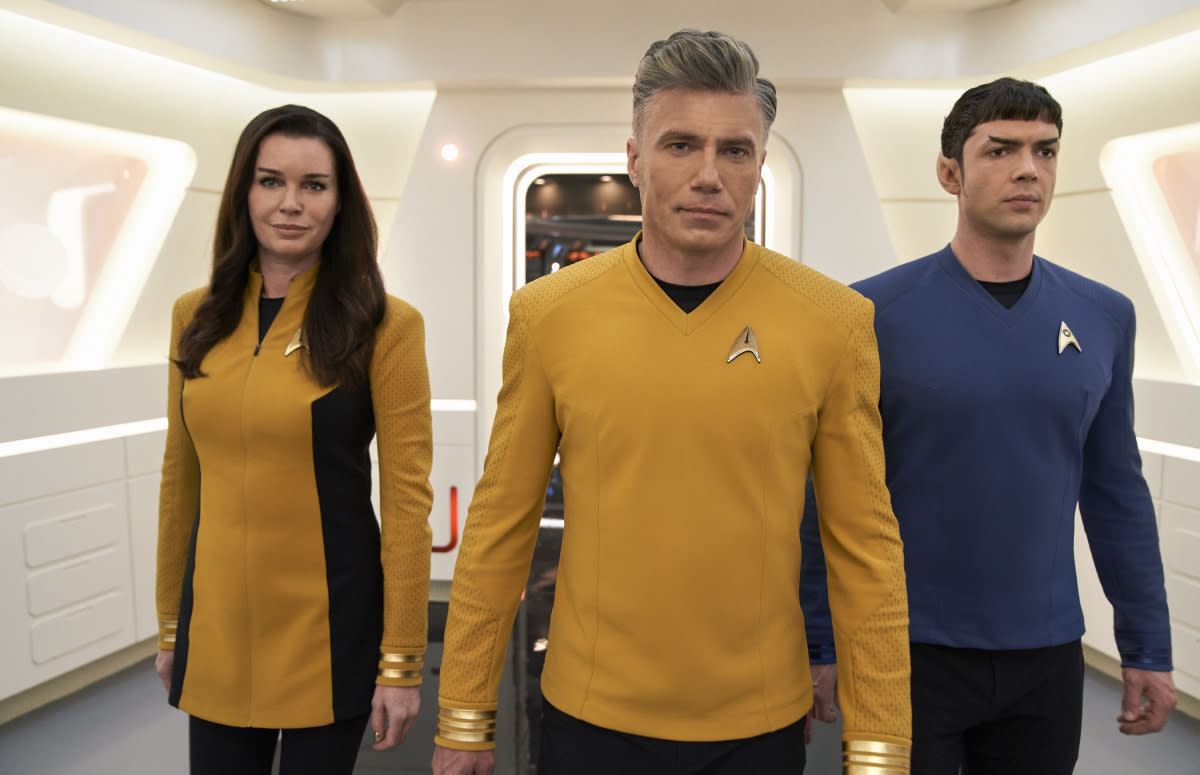 Pictured: Rebecca Romijn as Una, Anson Mount as Pike and Ethan Peck as Spock<p>Courtesy of Paramount+</p>