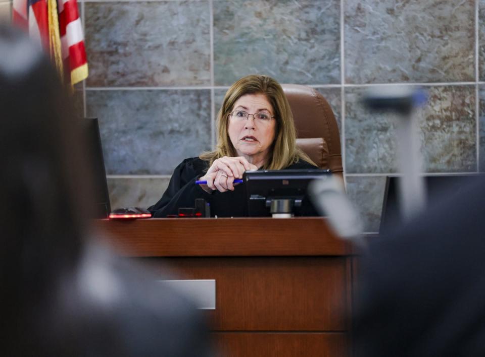 District Judge Susan Johnson addresses the court during an arraignment for Deobra Redden, who was captured on video attacking a Las Vegas judge in January, Thursday, Feb. 29, 2024, at the Regional Justice Center in Las Vegas. (AP)