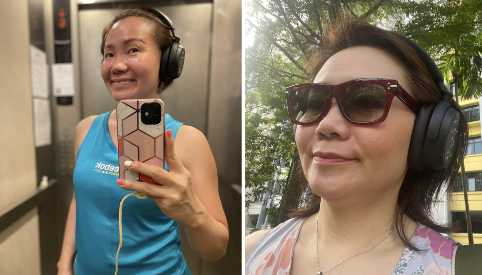 (left) The Sennheiser Accentum Wireless Plus fitted comfortably and even worked as a hairband during my gym time. (right) Wearing sunglasses with the headphones proved challneging and uncomfortable. PHOTO: Cadence Loh, Yahoo Life Singapore