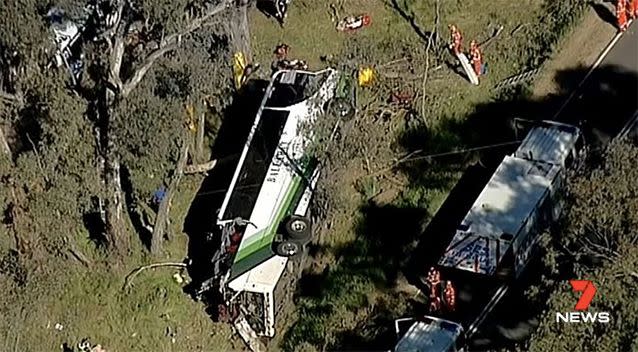 The bus left the highway and rolled into an embankment. Source: 7 News