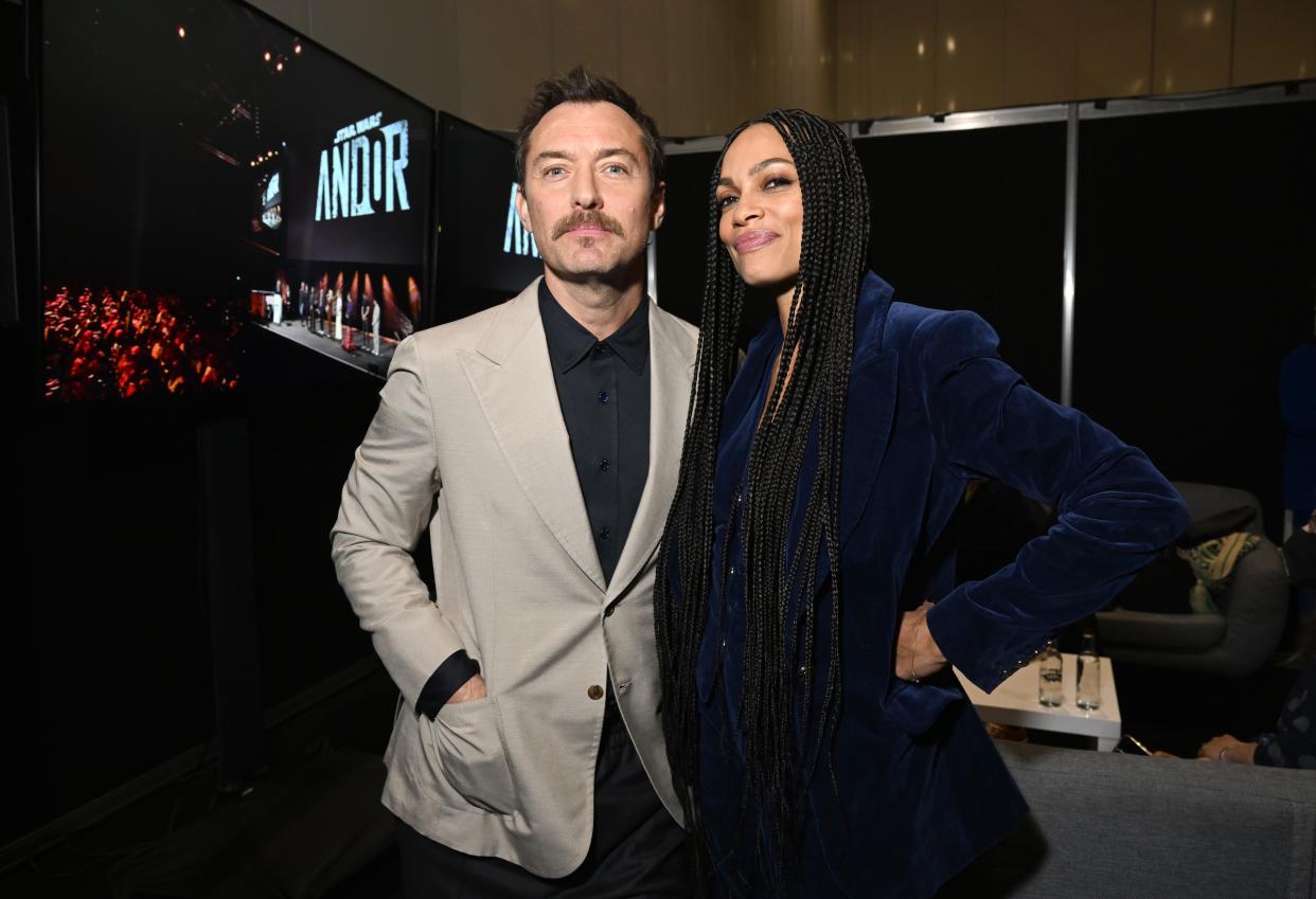 "Skeleton Crew" star Jude Law and "Ahsoka" actress Rosario Dawson attend the studio panel at Star Wars Celebration 2023 in London.