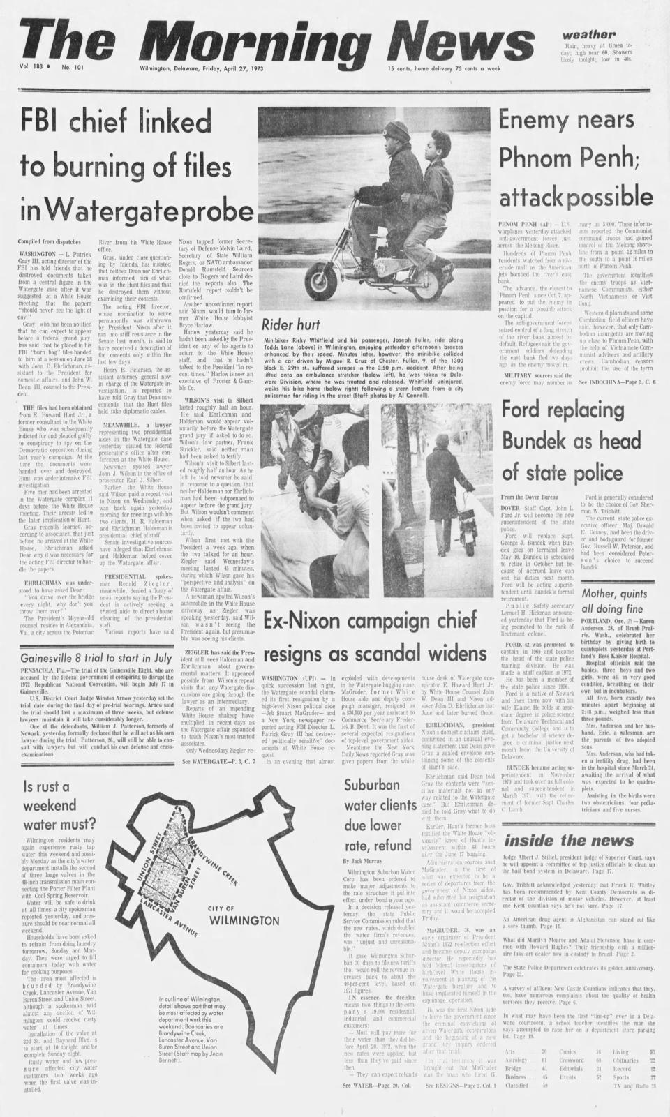 The front page of The Morning News from April 27, 1973.