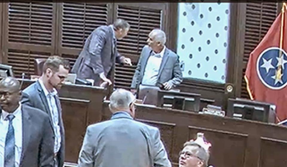 An altercation took place between Rutherford County five-year Commissioner Craig Harris and first-year Mayor Joe Carr on Aug. 7, 2023. This security camera image shows the tense altercation exchange between Harris, center left, with Carr, center right, after a Steering, Legislative & Governmental Committee meeting.