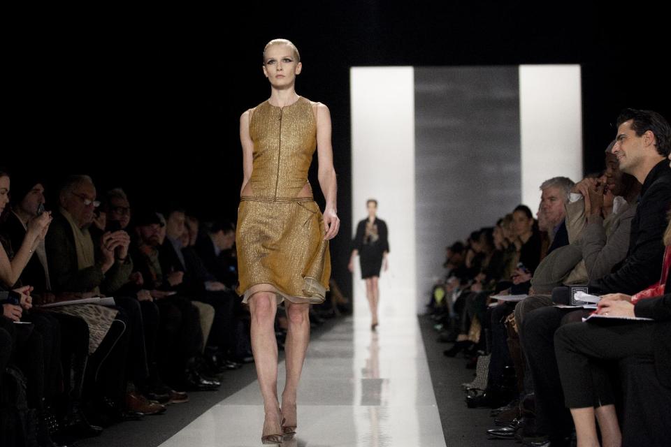 A model walks the runway during the Ralph Rucci Fall 2013 fashion show during Fashion Week, Sunday, Feb. 10, 2013, in New York. (AP Photo/Karly Domb Sadof)