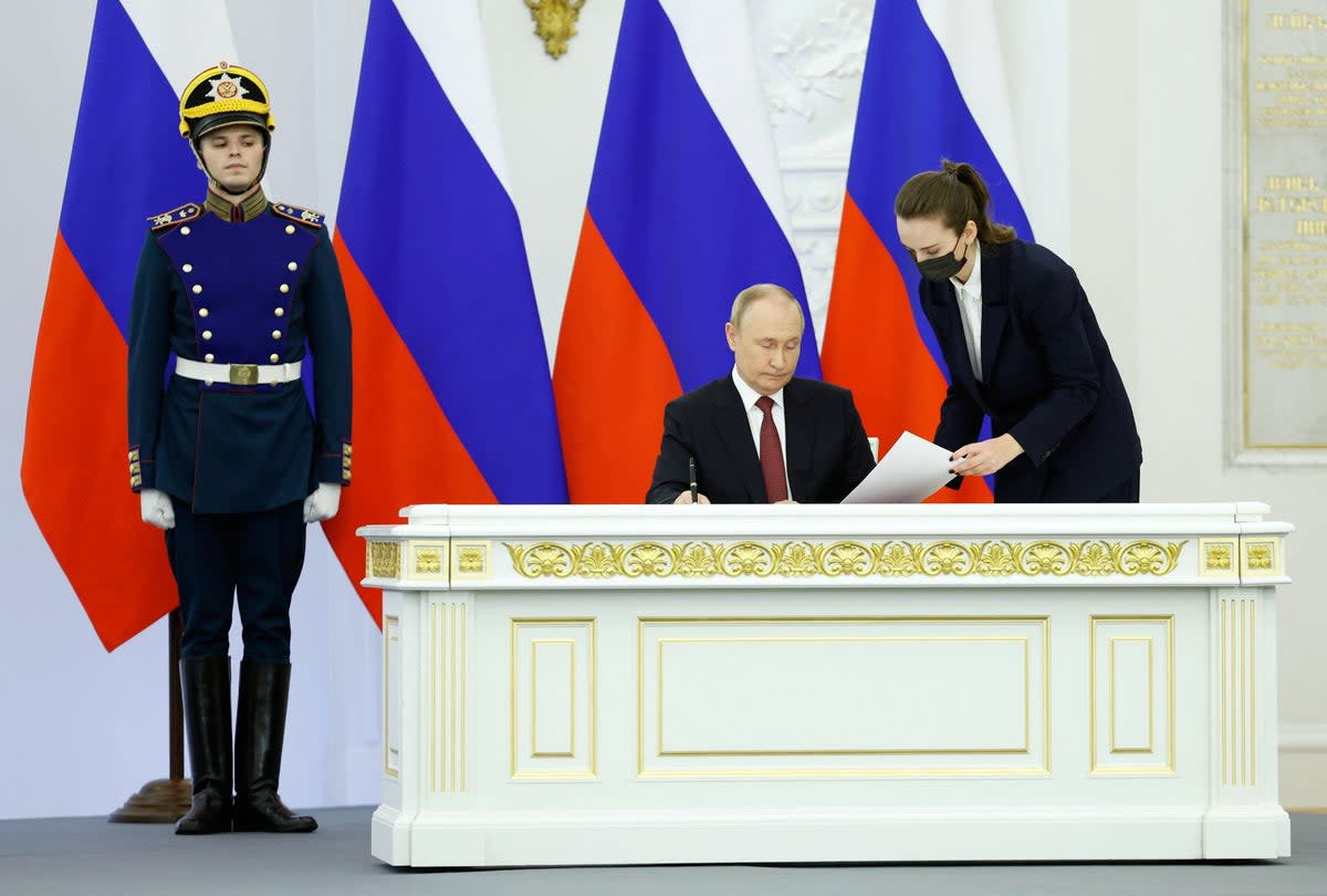 Russian President Vladimir Putin attends a ceremony to sign treaties formally annexing four regions of Ukraine (AFP/Getty)