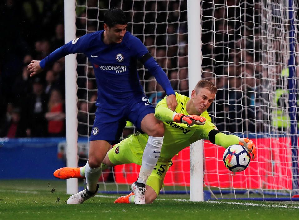 <p>West Ham’s Joe Hart gathers from Chelsea’s Alvaro Morata </p>