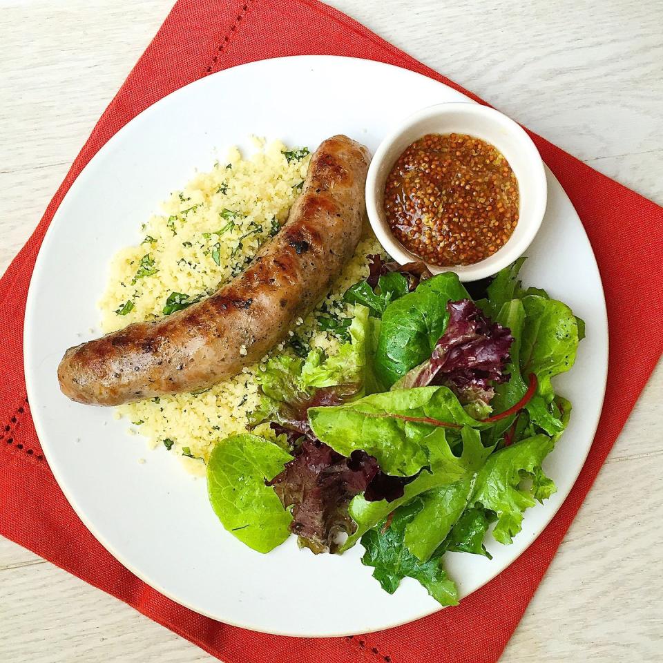 Grilled Sausages with Dijon-Apricot Mustard and Herbed Couscous and Salad