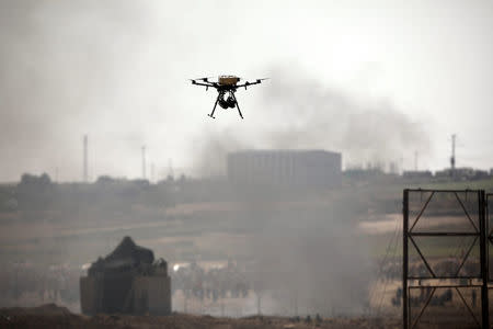 An Israeli drone is seen in action over the border between Israel and Gaza during a protest on the Gaza side June 8, 2018. REUTERS/Amir Cohen