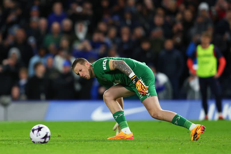 Jordan Pickford checks the ball position ahead of a penalty kick for Chelsea during the Premier League match between Chelsea FC and Everton FC at Stamford Bridge on April 15, 2024 -Credit:Photo by Chris Lee - Chelsea FC/Chelsea FC via Getty Images