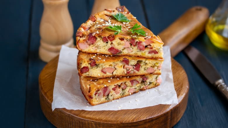 stacked slices of Quiche Lorraine