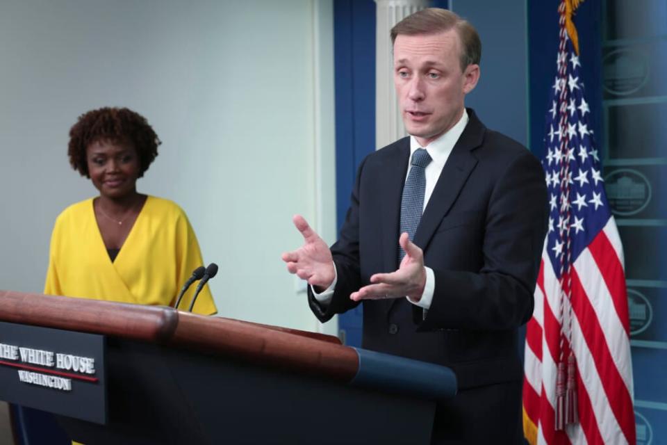 U.S. National Security Advisor Jake Sullivan (R) answers questions during the daily briefing with press secretary Karine Jean-Pierre (L) at the White House on May 18, 2022 in Washington, DC. (Photo by Win McNamee/Getty Images)