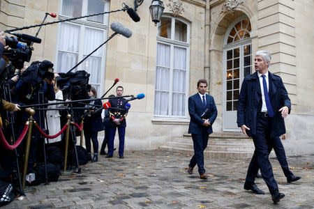 French conservative party Les Republicains (LR or The Republicans) leader Laurent Wauquiez, Christian Jacob, member of Parliament, and Bruno Retailleau, member of the French Senate, leave after a meeting with French Prime Minister as the "yellow vest" nationwide protests continue, at the Hotel Matignon in Paris, France, December 3, 2018. REUTERS/Stephane Mahe