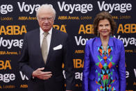 FILE - Sweden's King Carl Gustaf and Queen Silvia arrive for the ABBA Voyage concert at the ABBA Arena in London, Thursday May 26, 2022. (AP Photo/Alberto Pezzali, File)