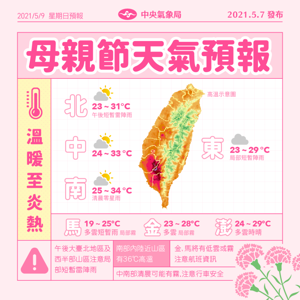 母親節天氣預報。（圖／翻攝自中央氣象局）