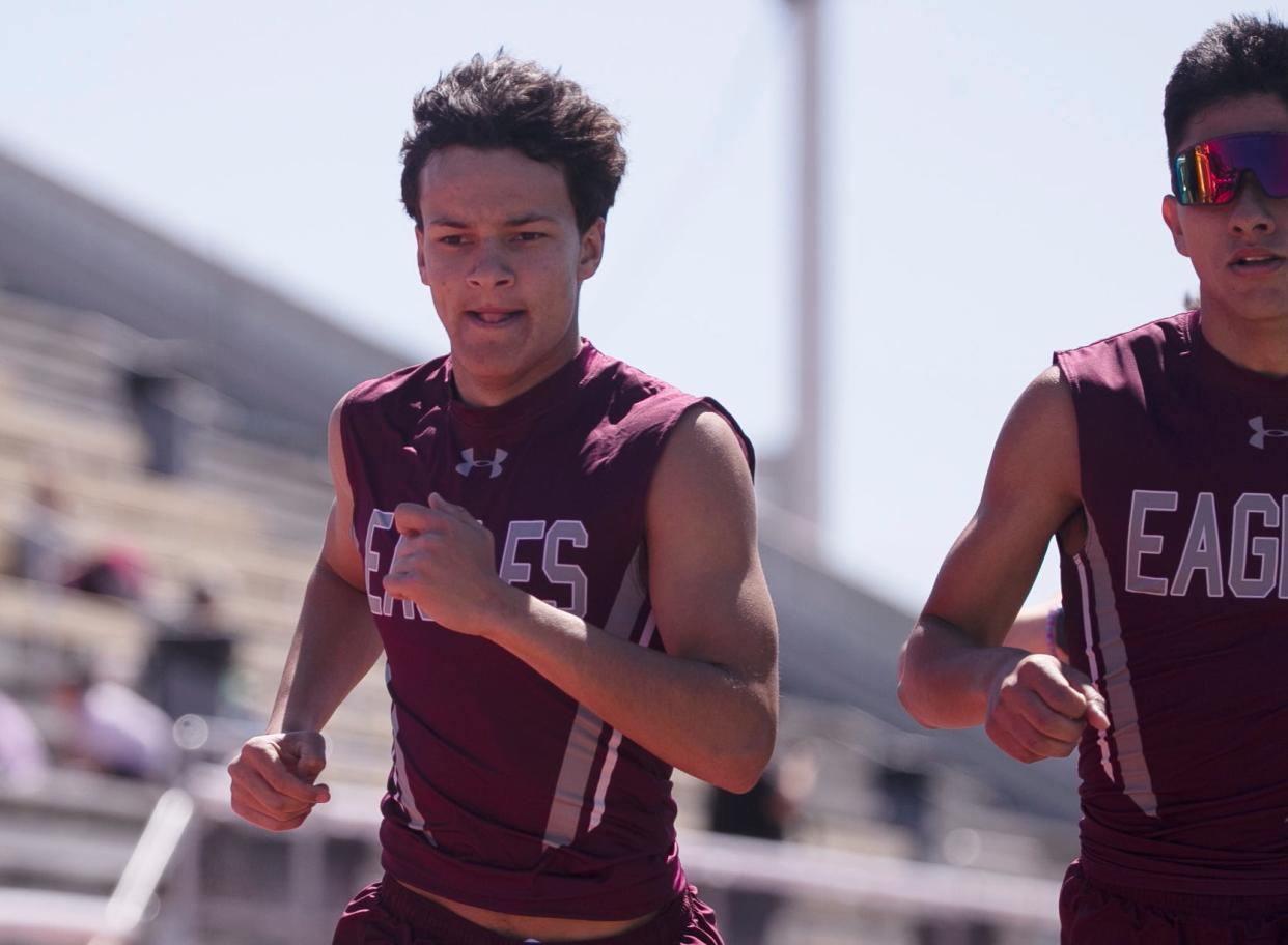 Roosevelt’s Justice Jackson competes in the 3,200 meter during the A-Town relays, Friday, March 22, 2024, at Antelope Stadium in Abernathy.