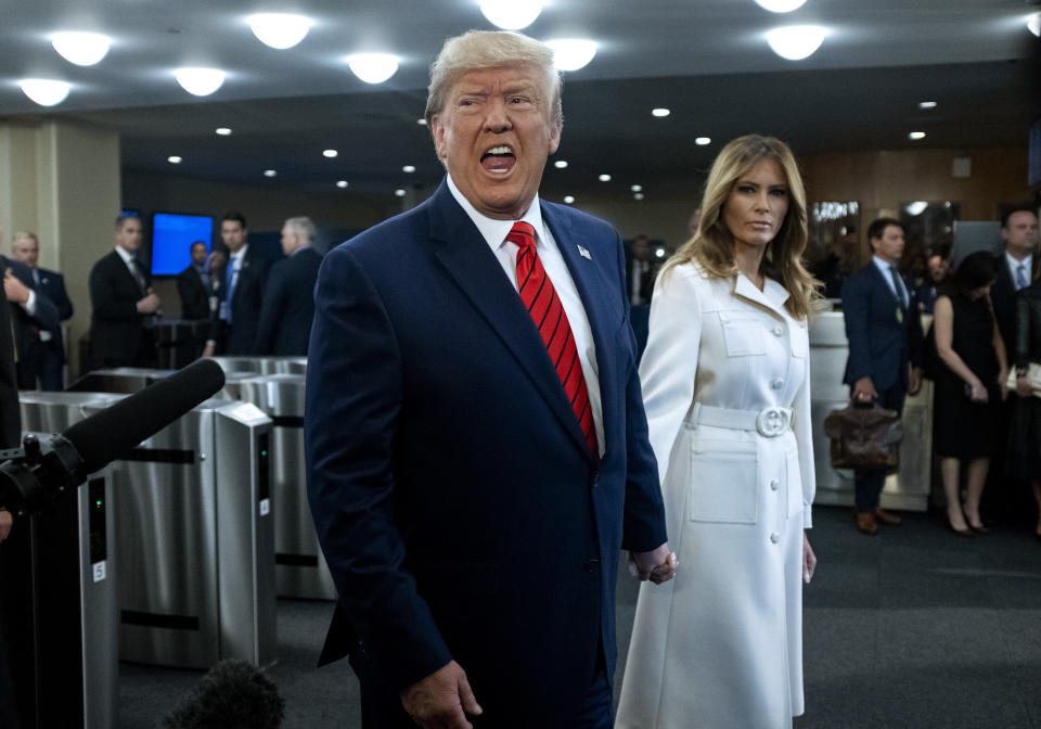 U.S. President Donald Trump addresses reporters as he arrives with first lady Melania Trump for the 74th session of the United Nations General Assembly, at U.N. headquarters, Tuesday, Sept. 24, 2019. (AP Photo/Craig Ruttle) (Photo: ASSOCIATED PRESS)