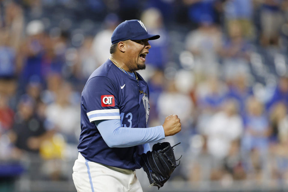 Kansas City Royals relief pitcher Carlos Hernández reacts at the end of the team's baseball game against the Cleveland Guardians in Kansas City, Mo., Friday, June 28, 2024. (AP Photo/Colin E. Braley)