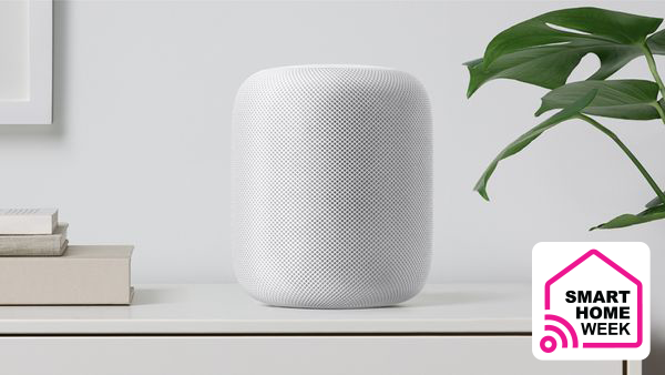  Picture of an Apple HomePod with a Smart Home Week label in the lower right-hand corner. 