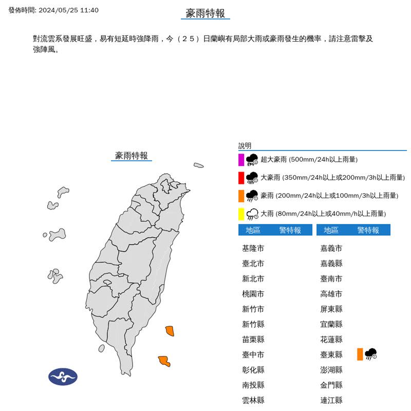 中央氣象署針對台東縣發布豪雨特報。（圖／中央氣象署）