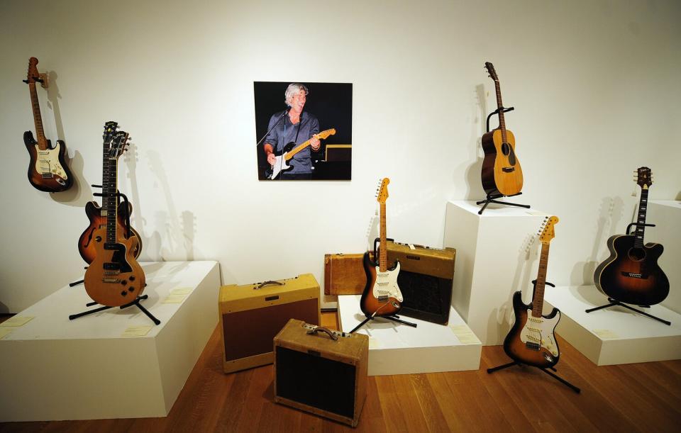 Vintage guitars and amplifiers are on display as part of US actor Richard Gere guitar collection set to go on sale at Christie's auction house, during a press preview in New York, October 6, 2011. The Richard Gere guitar collection is set to go on auctions sale on October 11, 2011, featuring some 110 lots of vintage American guitars and amplifiers.