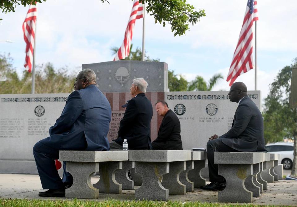 Speakers sit during a ceremony honoring the 50 year anniversary of the peace treaty that ended the Vietnam War at the Veteran’s Monument in Bradenton Wednesday, March 29, 2023.