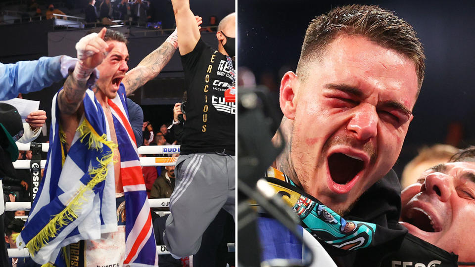 Seen here, George Kambosos reacts after his epic title triumph over Teofimo Lopez.